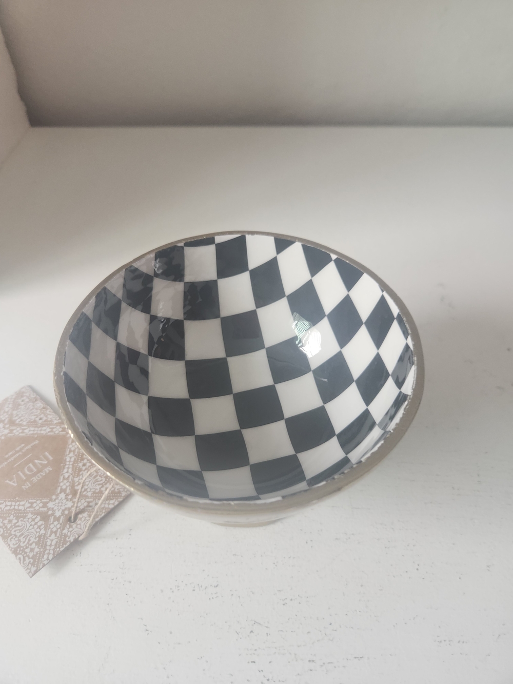 Checkerboard Ceramic Lined Brass Pedestal Bowl - Picture 7 of 9